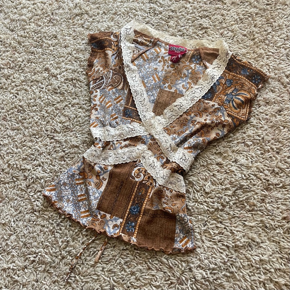 Vintage Mudd Brown Cream and Blue Patchwork Lace-Trim Camisole - Picture 2 of 7